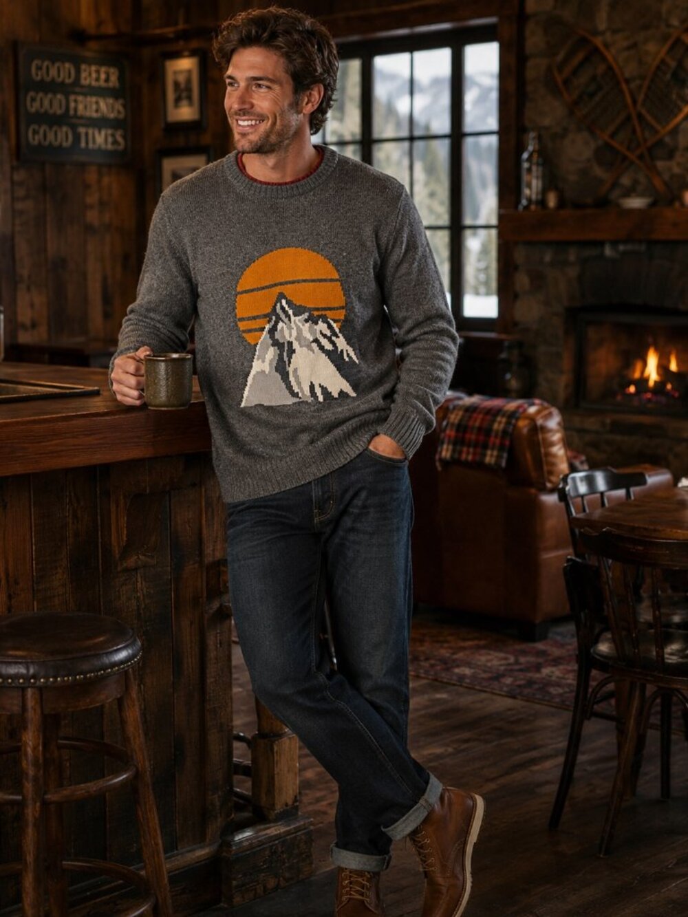 WindRiver Heritage XL Grey Mountain Sunset Graphic Knit Sweater